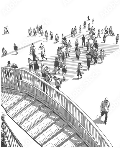Illustration of Japanese city street with people crossing zebra during rush hour