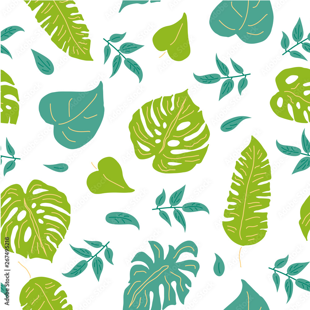 Hand drawn sketch style seamless pattern with tropical leaves. Vector illustration. Hand drawn sketch style seamless pattern with tropical leaves. Vector illustration.