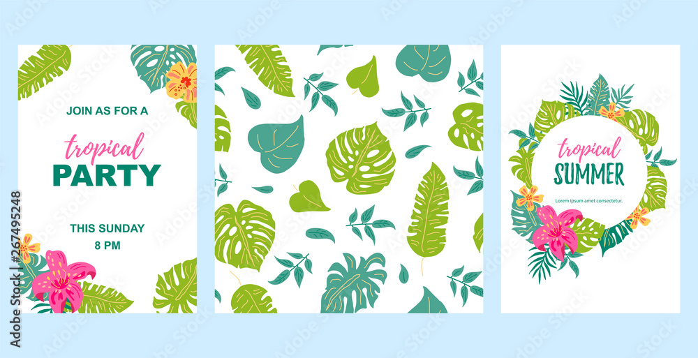Hand drawn sketch style jungle flowers and exotic leaves. Vector set with temlates and seamless pattern. Tropical background for vacation, poster, banner, flyer, invitation, party. Flat style design.