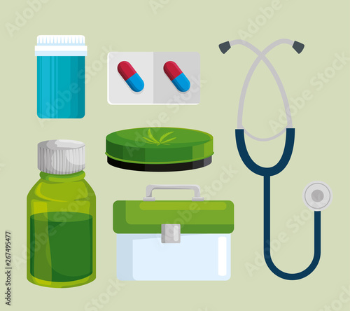 set of pills bottle with cannabis ointment and stethoscope