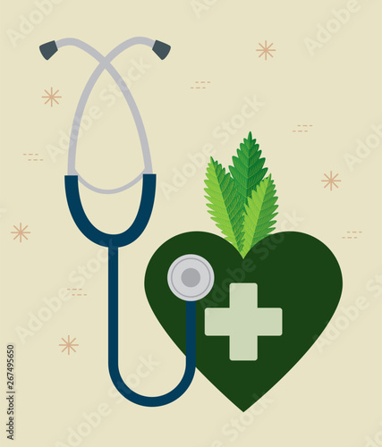stethoscope with heart and cross to medicine cannabis plant
