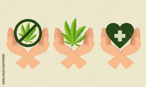 set hands with cannabis plant and prohibited sign and heart with cross