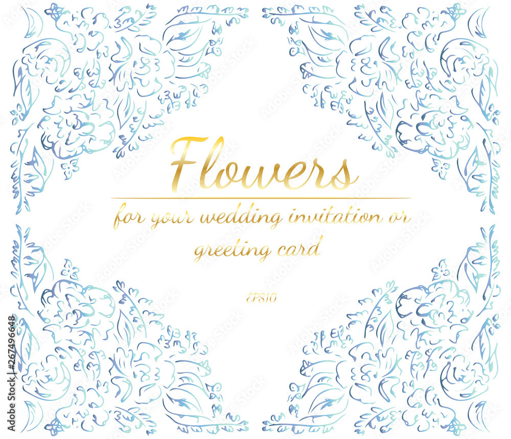 Wreath of roses or peonies flowers with violet, yellow and pink colors. Floral Frame design elements for your wedding invitation and greeting card. Hand drawn vector illustration. Line art. Sketch.