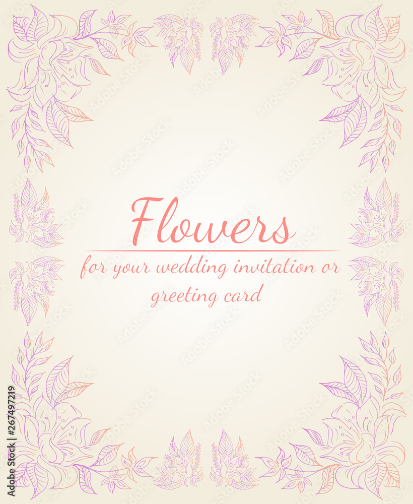 Wreath of roses or peonies flowers branches with pink, purple and coral colors. Floral frame design elements for wedding invitation and greeting card. Hand drawn. Line art. Sketch Wreath of roses or peonies flowers branches with pink, purple and coral colors. Floral frame design elements for wedding invitation and greeting card. Hand drawn. Line art. Sketch