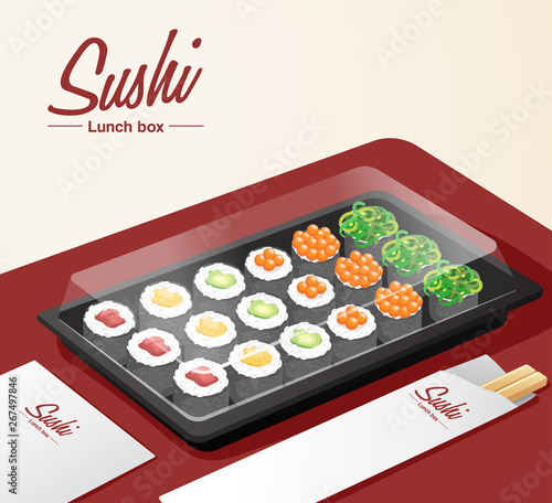 Takeaway sushi set with tray, chopsticks and napkin on red table : Vector Illustration