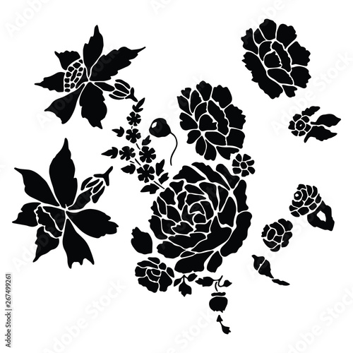Cute monochrome graden flowers silhouette cartoon vector illustration motif set. Hand drawn black and white rose elements clipart for gardening blog.