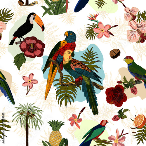 This seamless vector pattern features tropical birds parrots, toucans and flowers, trees, plants. You can use is as repeat pattern for fabric, wallpaper, wrapping paper and other projects.