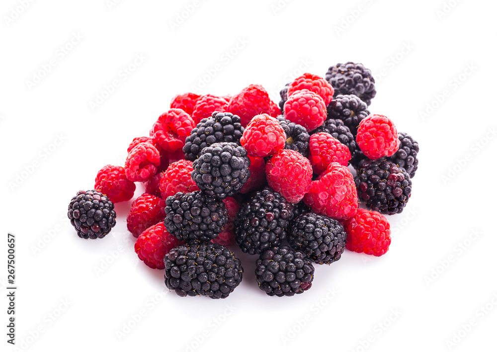 Raspberries and blackberries on white background Raspberries and blackberries on white background