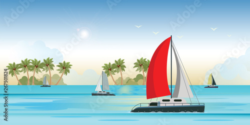 Blue sea view with luxury sailing ship yacht in the sea.