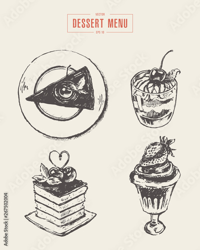 Set dessert design elements menu hand drawn vector