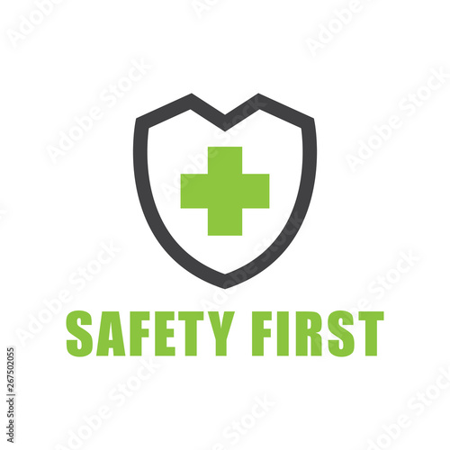 Green color Safety first text symbol on white