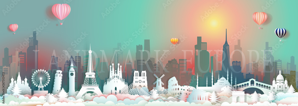 Vector travel landmarks of Europe with skyscraper and colorful sunrise. Vector travel landmarks of Europe with skyscraper and colorful sunrise.