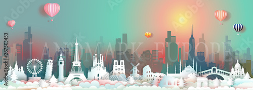Vector travel landmarks of Europe with skyscraper and colorful sunrise.