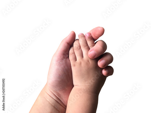 Little boy holding mom hand with love isolated on white background