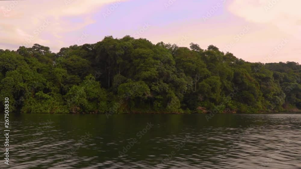 Lush island in Lake Victoria seen from boat passing by. Evening sky reflected on still water. Slow motion. Kalangala, Uganda. Lush island in Lake Victoria seen from boat passing by. Evening sky reflected on still water. Slow motion. Kalangala, Uganda.