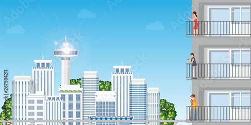 Modern Apartment in urban cityscape skycrapers with resting peoplein sunset