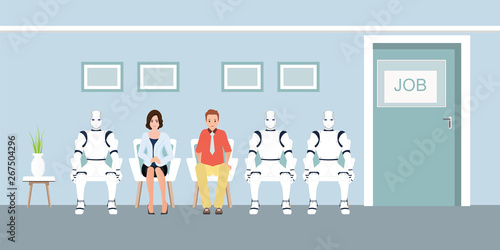 People and Robot Queue waiting for Job Interview at Office.
