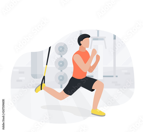 Fit man working out on trx doing bodyweight exercises. Fitness strength training workout.
