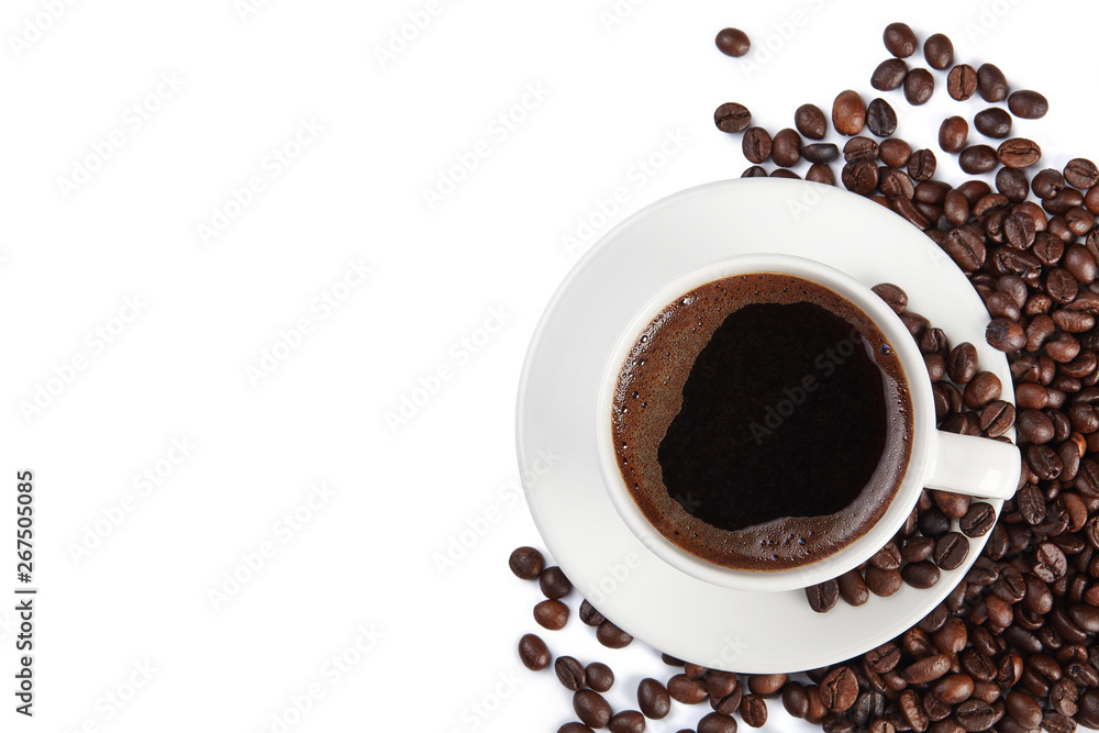 A cup of coffee and coffee beans isolated on white background. A cup of coffee and coffee beans isolated on white background.