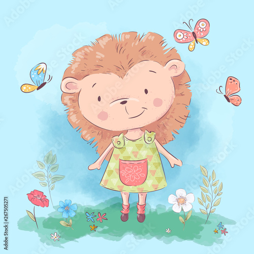 Postcard cute hedgehog flowers and butterflies. Cartoon style. Vector