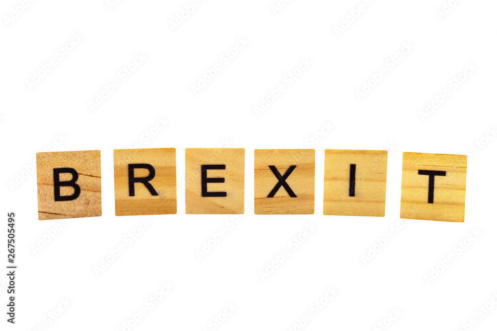 BREXIT word written in wooden blocks on white background. BREXIT word written in wooden blocks on white background.