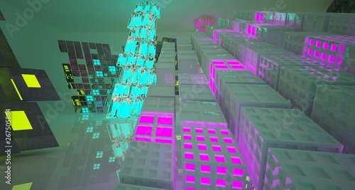 Abstract  Concrete Futuristic Sci-Fi interior With Pink  Blue And Yellow Glowing Neon Tubes . 3D illustration and rendering.