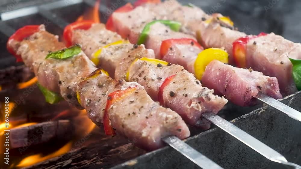 Pork meat and bell pepper skewered on skewers. sprinkled with spices and pepper. Is preparing on hot coals. flames and smoke, juicy crust, barbecue outdoors. Cooking on an open fire. Slow motion close Pork meat and bell pepper skewered on skewers. sprinkled with spices and pepper. Is preparing on hot coals. flames and smoke, juicy crust, barbecue outdoors. Cooking on an open fire. Slow motion close