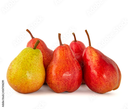 A set of several bright red ripe delicious pears on a white background