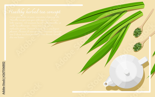 Healthy herbal tea concept. Alternative medicine from herbs. A teapot with dried and fresh pandan leaves. Top view. Flat lay. Copy space. Vector illustration. photo