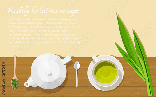 A white porcelain teapot, a white cup with pandan tea, dried and fresh leaves, and teaspoons on a wooden board. Healthy herbal tea concept. Top view. Flat lay. Copy space. Vector illustration.