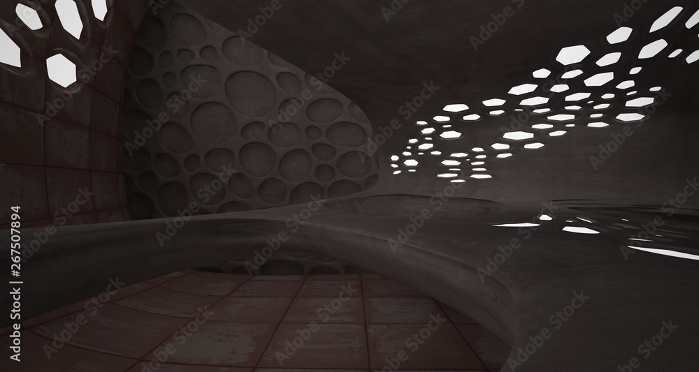 Obraz premium Empty smooth abstract room interior of sheets rusted metal. Architectural background. Night view of the illuminated. 3D illustration and rendering