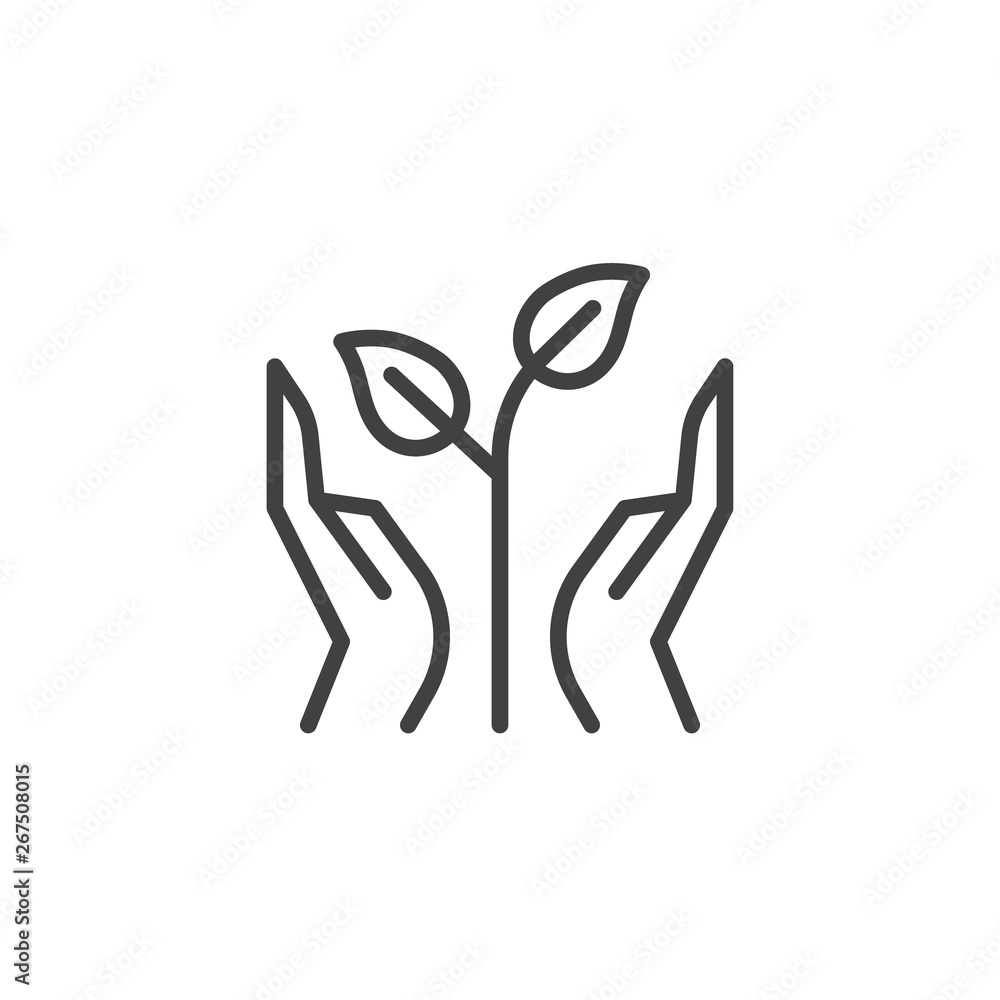 Hands and sprout line icon. linear style sign for mobile concept and web design. Hands with growth plant leaves outline vector icon. Symbol, logo illustration. Pixel perfect vector graphics Hands and sprout line icon. linear style sign for mobile concept and web design. Hands with growth plant leaves outline vector icon. Symbol, logo illustration. Pixel perfect vector graphics