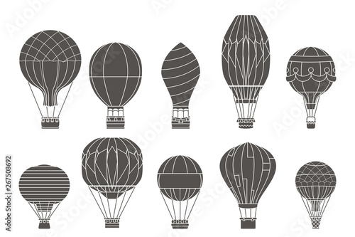 Retro flight aerostat air balloon travel basket airship cartoon isolated on white icons set cartoon silhouette design vector illustration