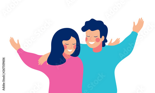 Smiling teenage boy and girl or school friends standing together, embracing each other, waving hands.  Flat cartoon vector illustration isolated on white background.