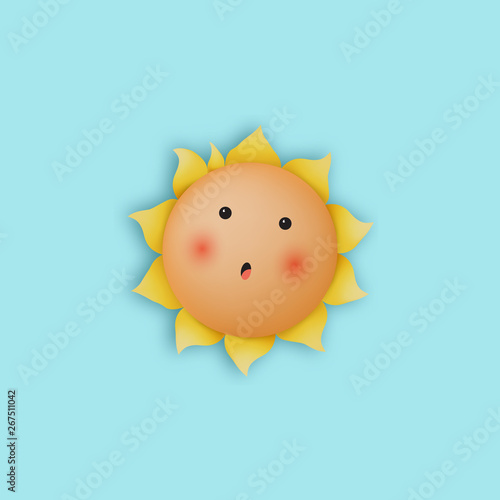 Hello summer with cute sunny and paper art sky background and pastel color scheme vector illustration