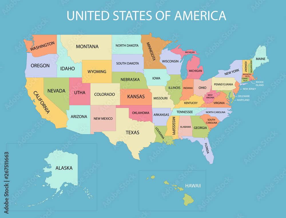 United States America map with colors and names of states