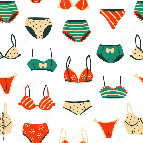 Lingerie Seamless Background. Hand Drawn Vector Pattern with Underwear.