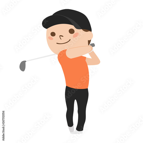 若い男性のイラスト。スポーツのゴルフを楽しんでいる若い男性。