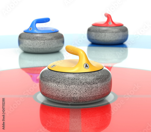 Yellow, red and blue curling stones in curling rink - 3D illustration