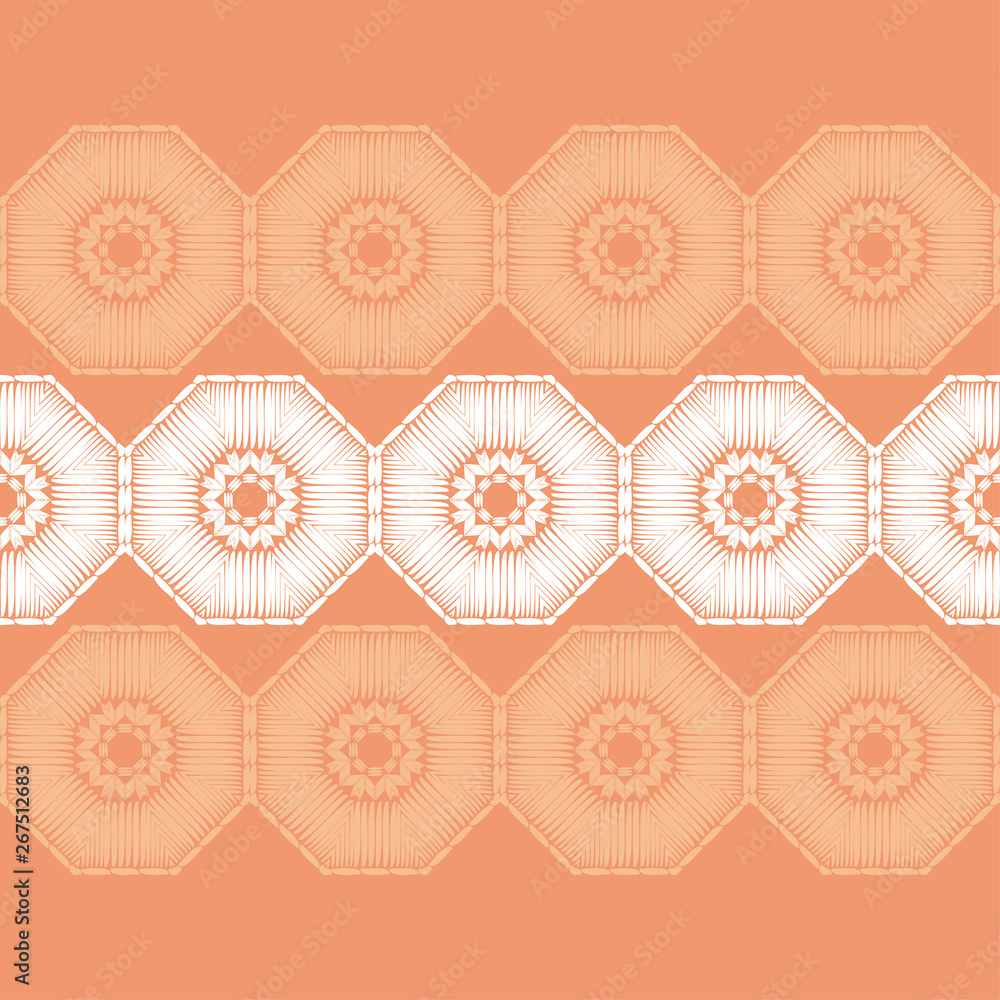 Trendy seamless pattern designs. Octagons and snowflakes from ethnic stripes. Boho. Vector geometric background. Can be used for wallpaper, textile, invitation card, wrapping, web page background.