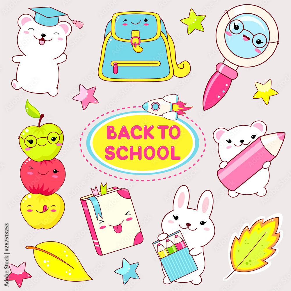 Vector set of education icons in kawaii style
