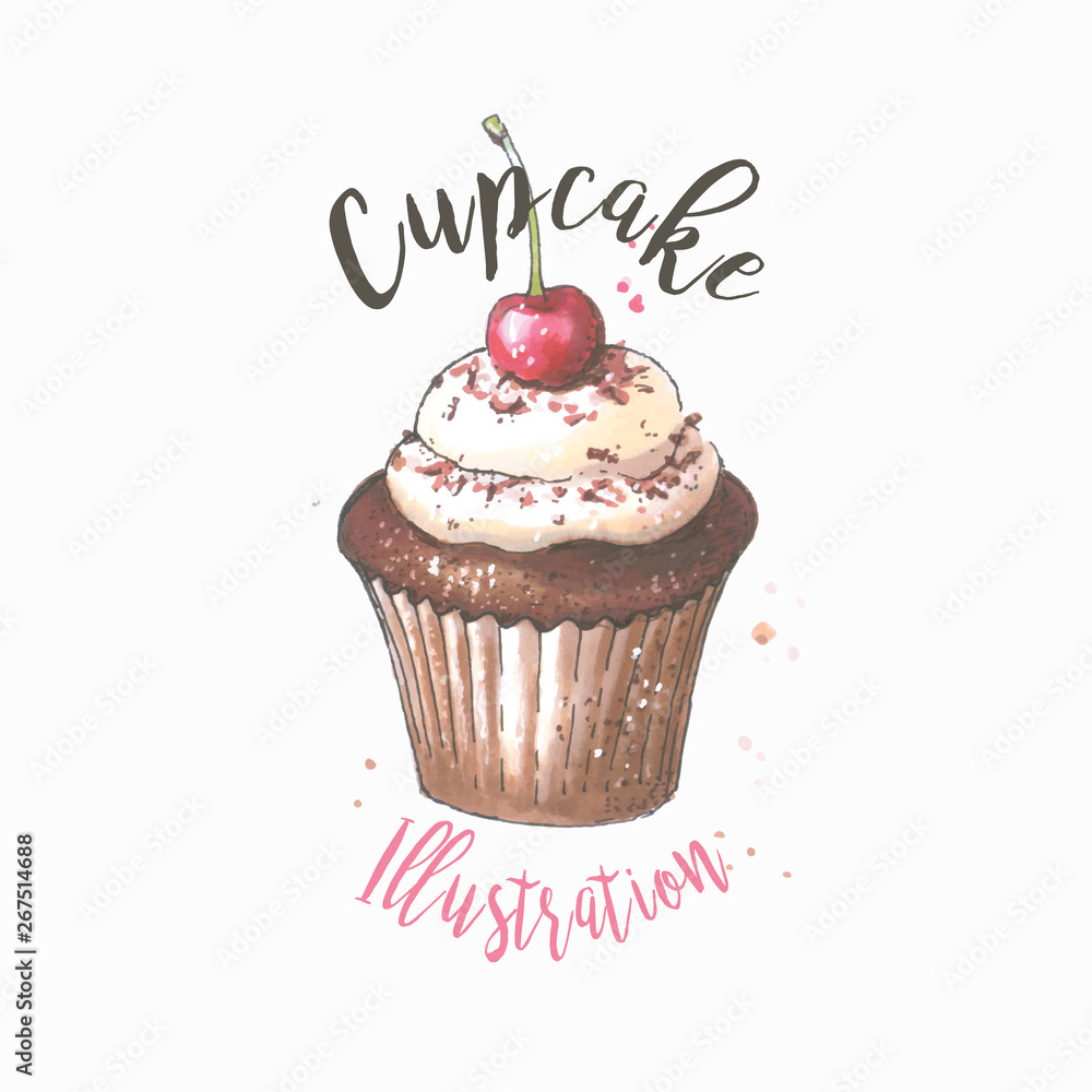 Vector hand drawn illustration of cupcake with cherry. Fodd illustration. Food llustration. Vector hand drawn illustration of cupcake with cherry. Fodd illustration. Food llustration.