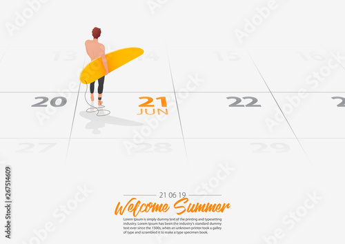 Summer Holiday. Surfer man standing with surfboard on the beach and looking at the sea shore. Man holding surfboard marked date Summer season start on calendar 21th June 2019. Vector Illustration.