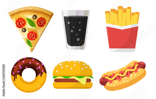 Set of colorful fast food icons for web sites and apps, pizza, soda, French fries, donut, hamburger, Hot Dog isolated on white background, junk food, vector illustration in flat style.