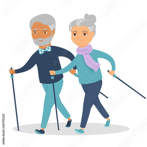older people are engaged in Nordic walking. vector drawin