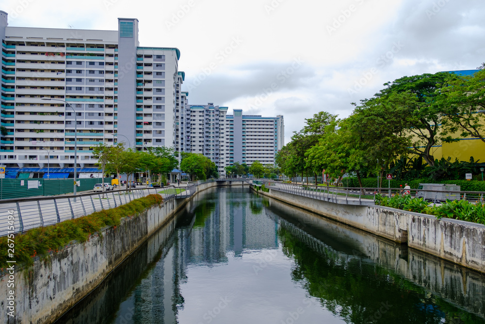 The canal in Singapore is clean and shady with trees and buildings that are residential