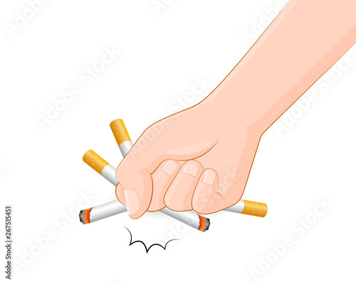 Human hands crushing cigarette. Quitting smoking concept.  World No Tobacco Day. Illustration isolated on white background.