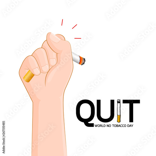 Human hand crushing cigarette. Quitting smoking concept.  World No Tobacco Day. Illustration isolated on white background.