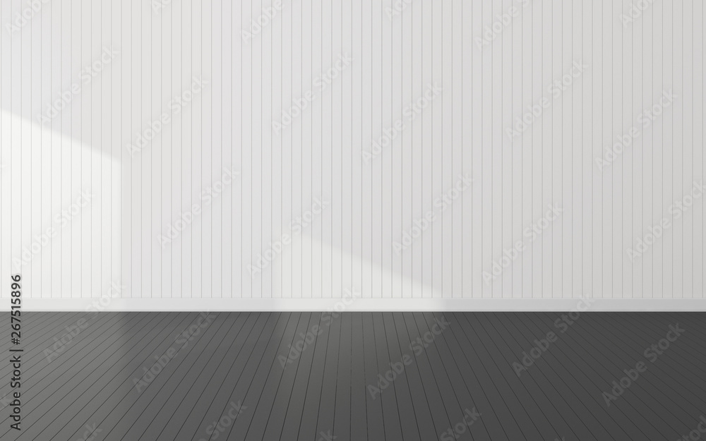 3D stimulate of white room interior and dark wood plank floor with sun light cast shadow on the wall,Perspective of minimal design architecture 3D stimulate of white room interior and dark wood plank floor with sun light cast shadow on the wall,Perspective of minimal design architecture