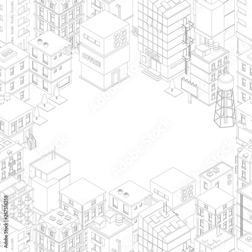 Isometric city buildings frame. Top view. Gray lines outline contour style. Background real estate. Vector illustration. Copy space for text place. For rent.